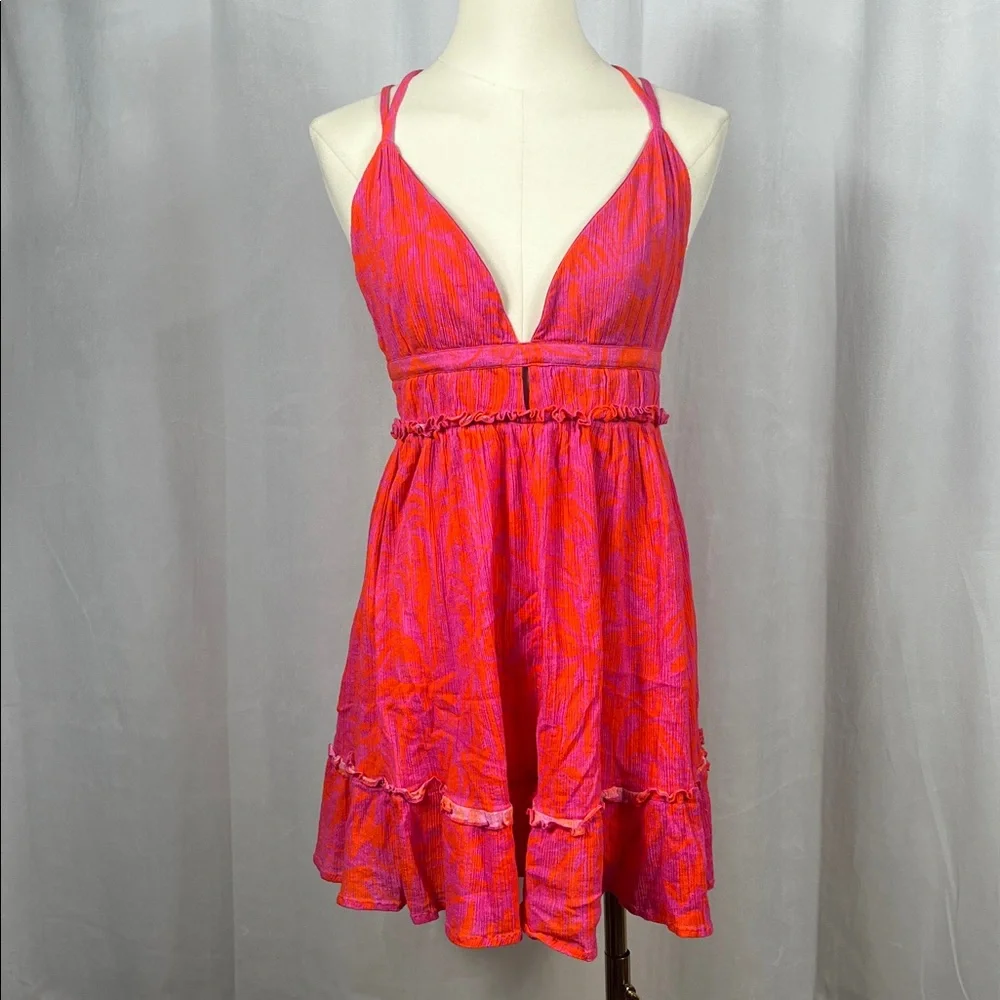 PQ Swim Daphne Palm-Print Mini‎ Dress/Cover-Up in Pink/Orange.